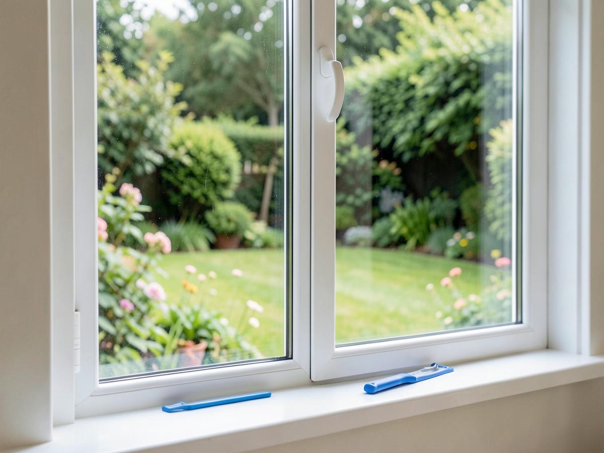 Streifenfrei geputztes Fenster mit weißem Rahmen und Blick in den Garten